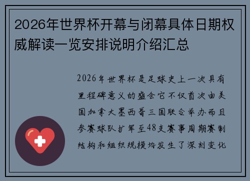 2026年世界杯开幕与闭幕具体日期权威解读一览安排说明介绍汇总 2026年世界杯开幕与闭幕具体日期权威解读一览安排说明介绍汇总